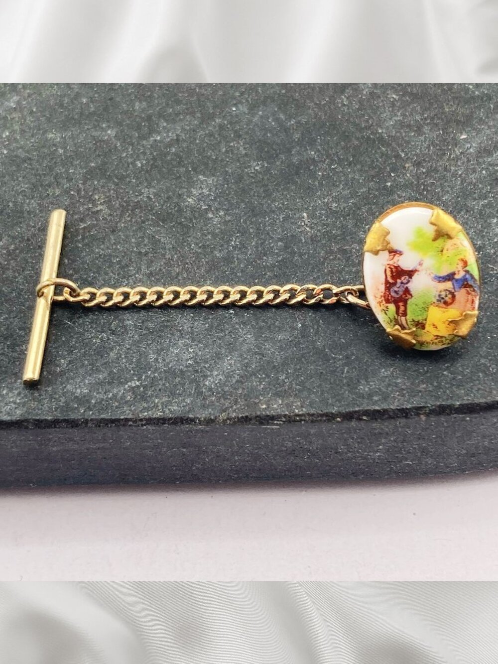 HICKOK Vintage Renaissance scene oval shaped plastic gold tone metal tie tack